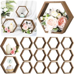 Barydat 12 Pcs 8 Inch Hexagon Shelves Wedding Table Decorations Hexagon Wood Centerpiece Geometric Terrarium Decorative Honeycomb Floating Storage Shelf for Home Office Room (Brown)