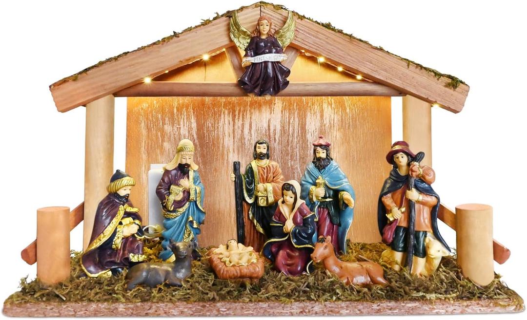 Lighted Nativity Scene Indoor, Christmas Manger Nativity Set with Wooden Stable, 11 Pieces Vintage Nativity Sets & Figures for Tabletop Fireplace Holiday Decorations
