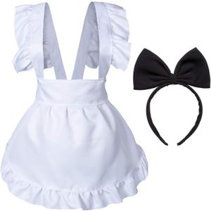 Wannsee Fancy Cute White Retro Frilly Adorable Maid Waitress Aprons Vintage Costume Bow Headdress Set(Adjustable Bow) (One Size)