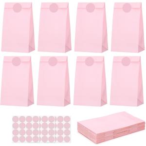 woric 36PCS Pink Paper Bags with Stickers, Small Pink Party Favor Bags for Girls Birthday Self Stand Goodie Gift Bag for Kids Baby Shower Wedding Mother's Day Decor