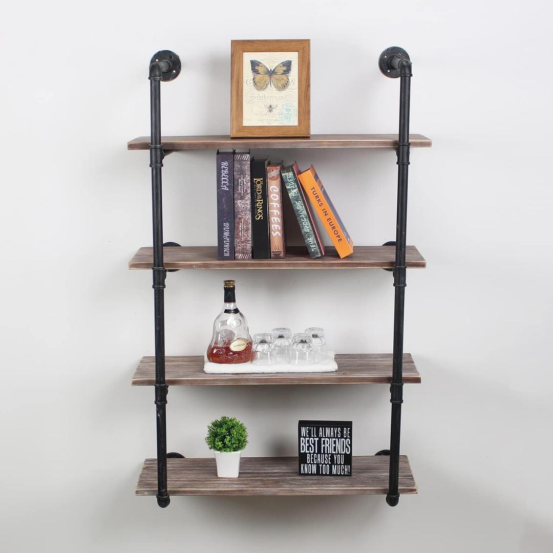 Industrial Pipe Shelving Wall Mounted,30in Rustic Metal Floating Shelves,Steampunk Real Wood Book Shelves,Wall Shelf Unit Bookshelf Hanging Wall Shelves,Farmhouse Kitchen Bar Shelving(4 Tier) (4-layer)