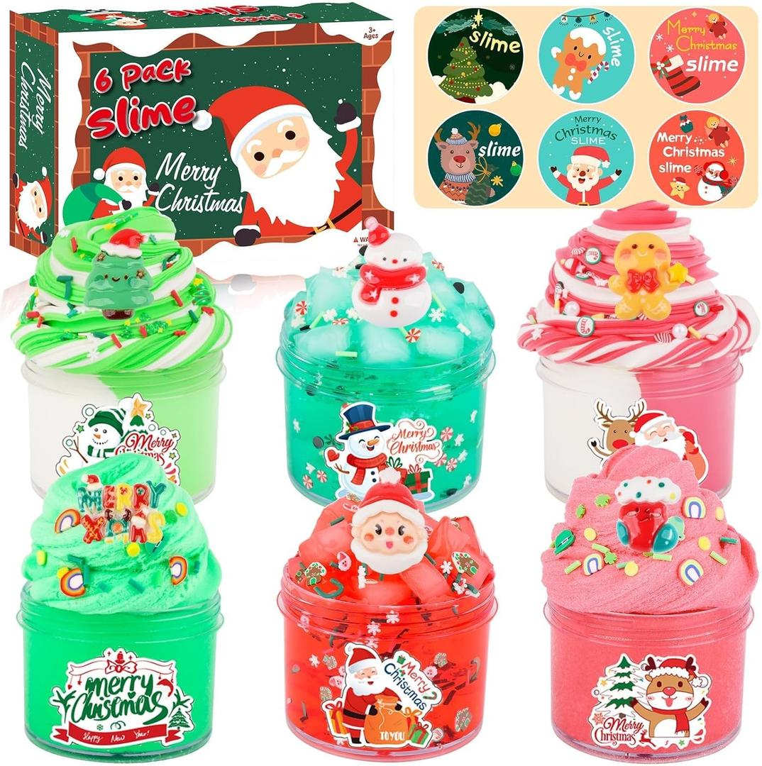 6 Pack Christmas Slime Kit, with 2 Butter Slime and 2 Cloud Slime and 2 Jelly Cube Crunchy Slime, Soft & Stretchy, Birthday Gifts for Kids, Christmas Party Favors for Girls and Boys