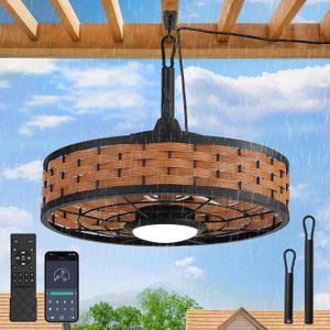 LEDIARY 20" Outdoor Ceiling Fans with Light for Patios, IP65 Waterproof Gazebo Fan, Boho Rattan Plug in Ceiling Fan Remote&APP Control, 3CCT Dimmable, 6-Speeds, Caged Fan for Gazebo,Patio,Porch