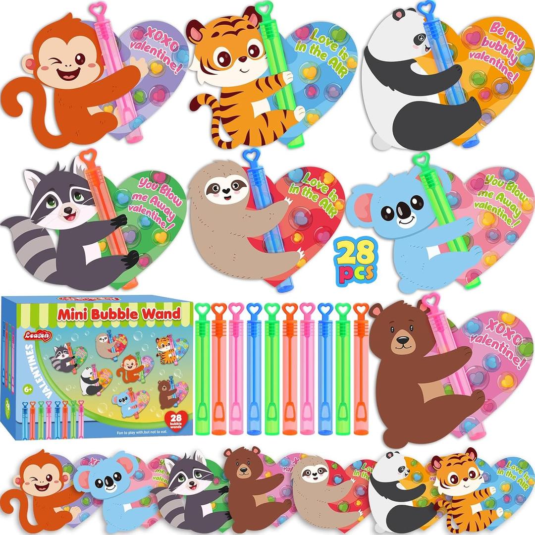 LEASEN Valentines Day Gifts for Kids, 28 Pack Mini Bubble Wands with Valentines Animal Themes Greeting Cards, Valentine's Day Classroom Exchange Gift Set, School Prizes Party Favor