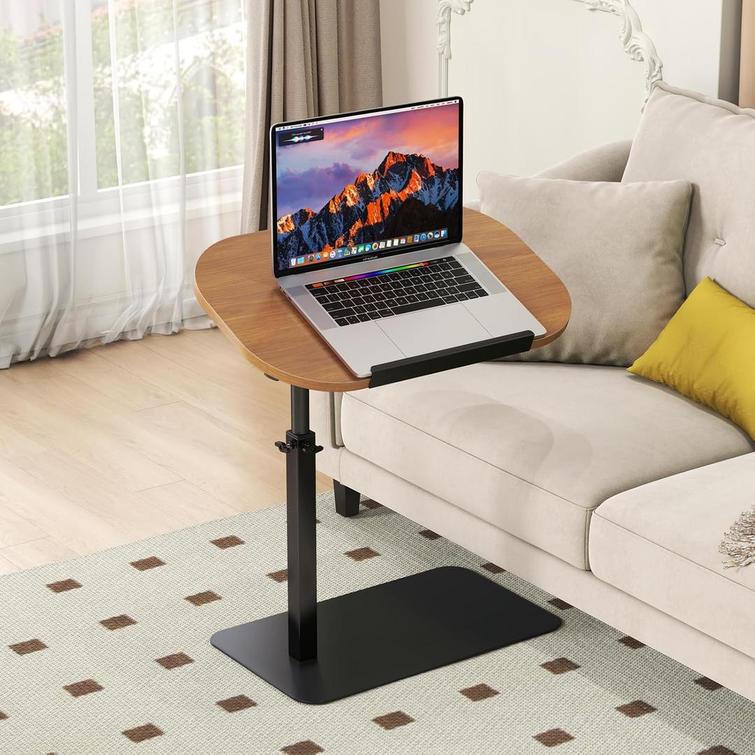 Solid Wood C Shaped Side Table for Sofa/Bed, Adjustable Height C Shaped End Table Metal Base, 360°Swivel/Flip Top Couch Tables That Slide Under, Small Spaces Laptop Stand Coffee Table (Wood), 18" x 12" x 17.7" - 31.5"