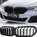 G30 Front Kidney Grille - Double Slats, Glossy Black, Compatible with 2021-2023 BMW 5 Series (520i, 530e, 530i, 540i, M550i xDrive) Black Kidney Grille (2020-2023 5 series G30, Double Slats Gloss Black)