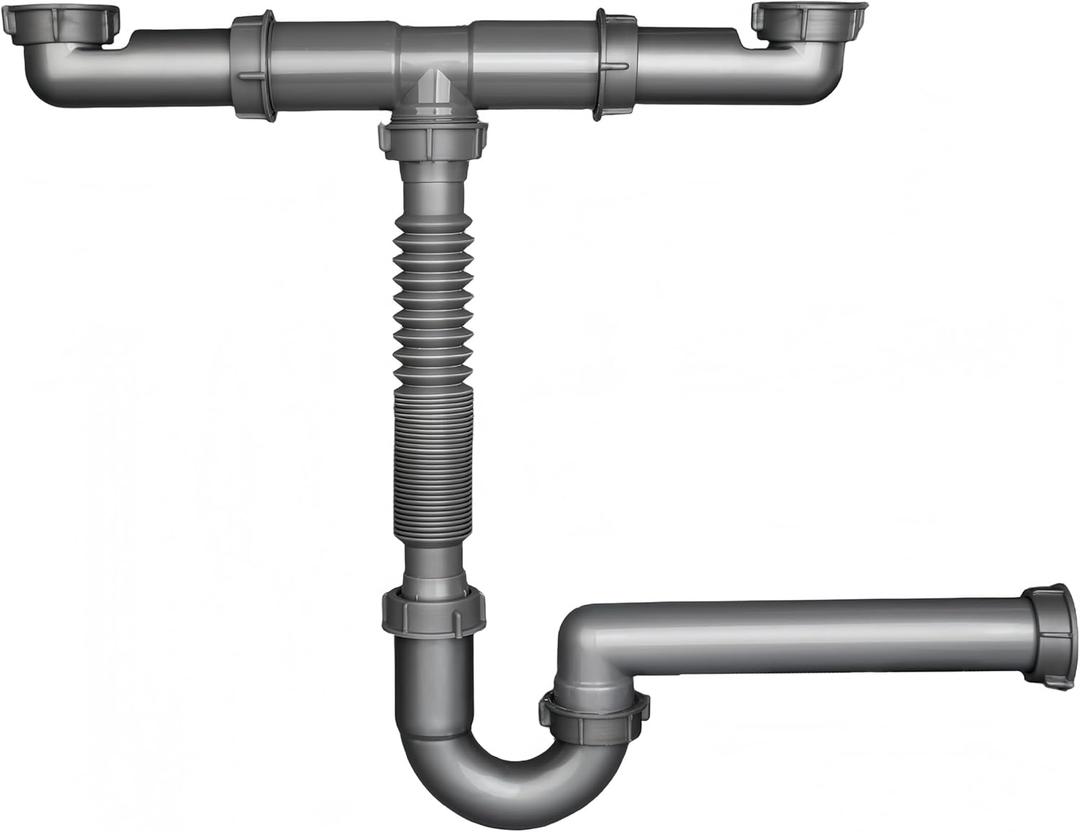 1-1/2" Double Kitchen Sink Drain Pipe kit, Expandable and Flexible P-Trap, Wall-Outlet, Completed Sink Pipe Replacement Kit