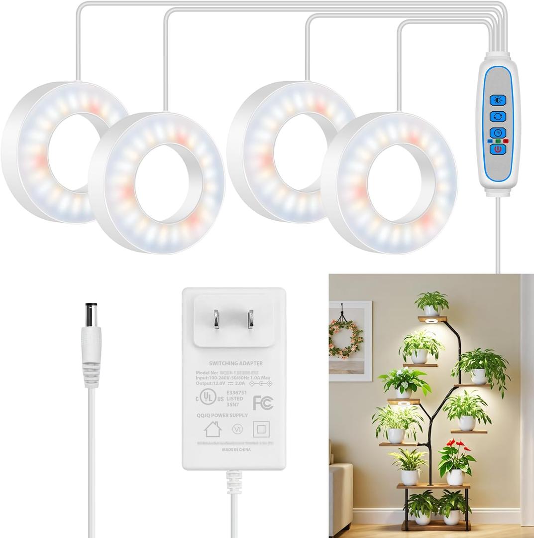 Ceiling Grow Lights for Indoor Plants, 192 LEDs 24W Full Spectrum Plant Lights for Indoor Growing, 3.5" Under Cabinet Plant Grow Light with 6/12/16H Timer, 5 Brightness Levels (4-Head)