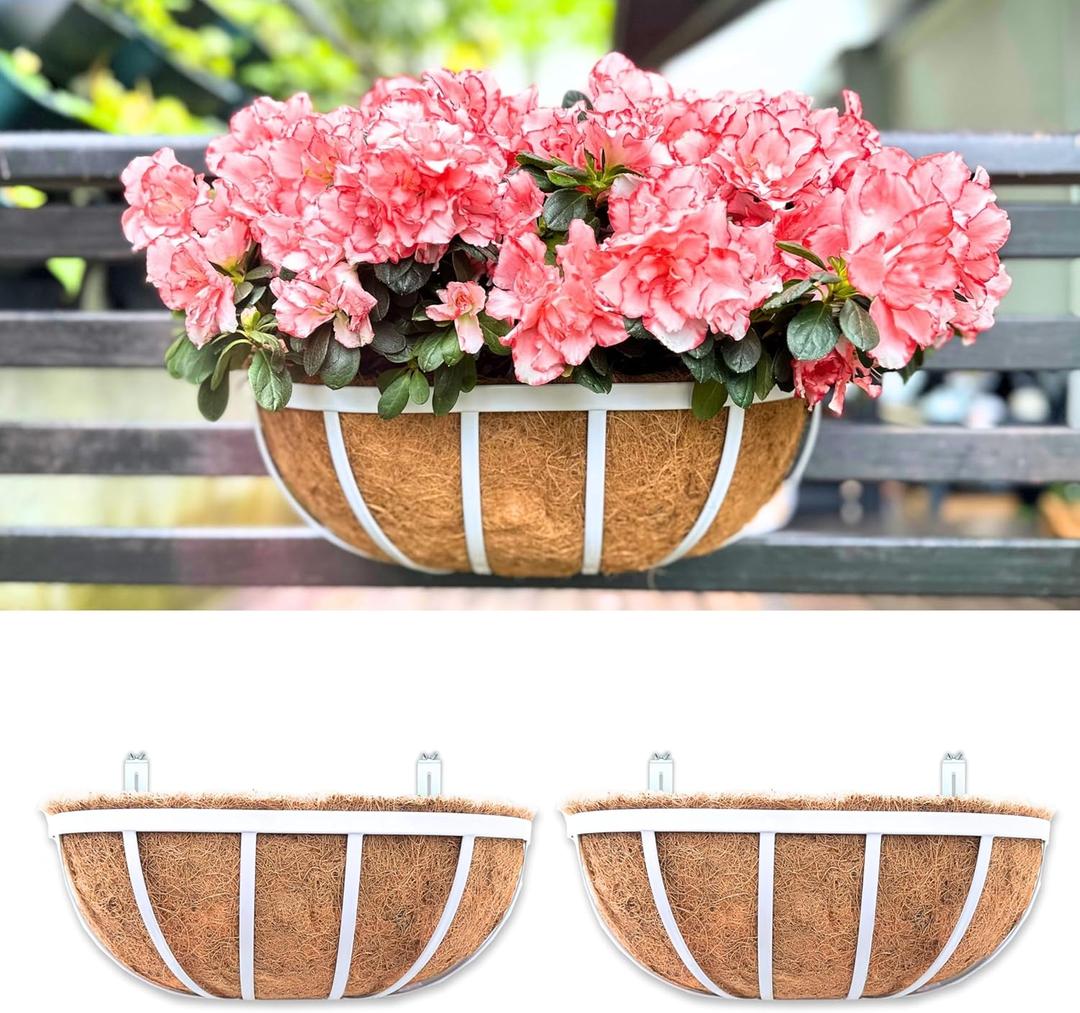 LaLaGreen Deck Railing Planters (2 Pack, 16 Inch) White Metal Rectangular Window Flower Box with Coco Liner, Wall Hanging Planter for Outdoor Plants Deck Rail Fence Balcony Patio Porch Garden Decor