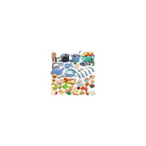 130Pcs Kitchen Playset, Toddler Pretend Cooking Play Pots, Pans, Utensils Cookware, Daily Food Fruit Veges, Shopping Storage Basket, Dessert, Prop Money, Learning Gift for Child (Blue)