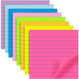 8 Pads Lined Sticky Notes 4x4 in Post, 8 Colors Self Sticky Notes Pad Its, Bright Stickies Colorful Big Square Sticky Notes for Office, Home, School, Meeting, 50 Sheets/Pad