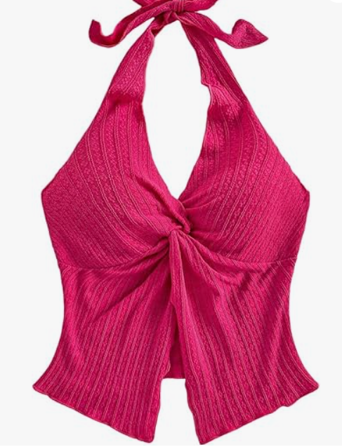SHENHE Women's Twist Front Tie Halter Neck Split Hem Backless Summer Going Out Crop Top, Hot Pink, XSmall
