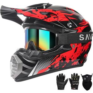 Youth Kids Motocross Helmet, Adult ATV Dirt Bike Helmet, Off-Road BMX 4-Wheeler Full Face Motorcycle Helmet W/Goggles Gloves & Mask, DOT Approved, Red Camo, S (Black)