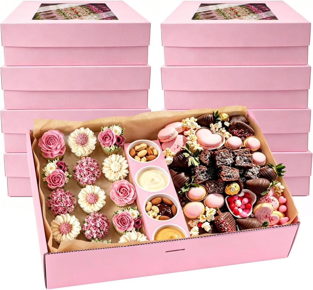 Pastry Serving Box Cardboard Heavy Duty 8PK, Assorted Food Platter Box w/Lid Indoor Outdoor for 5-8 People, Stably Filled Catering Trays w/Lid for Gift(15"x10"x3.5" Pink)