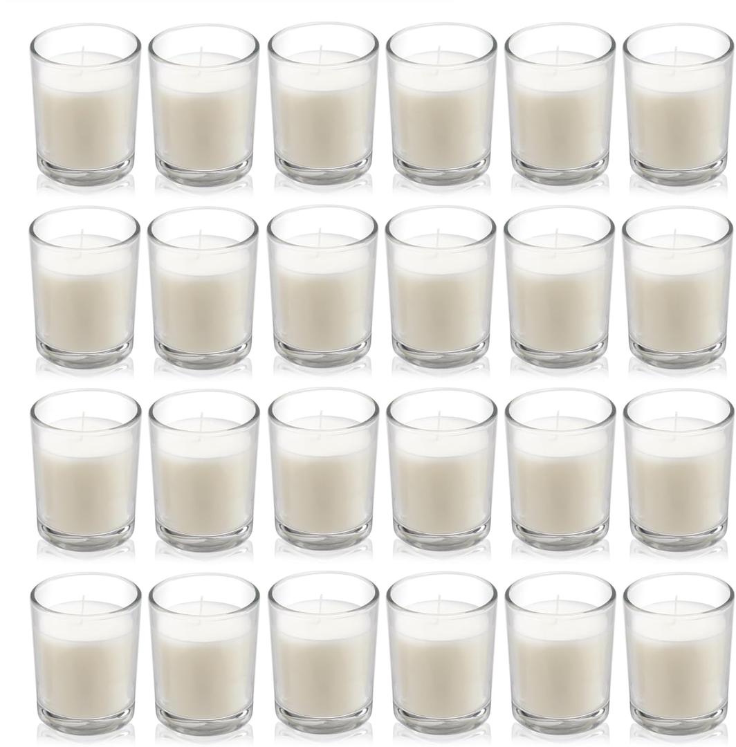 Housecret 24 Pack Warm White Unscented Clear Glass Filled Votive Candles. Hand Poured Wax Candle Ideal Gifts for Aromatherapy Spa Weddings Birthdays Holidays Party