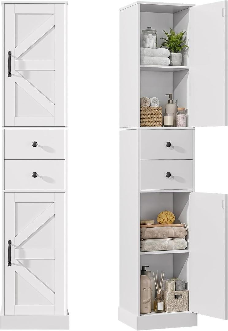 Tall Bathroom Storage Cabinet with 2 Doors and 2 Drawers, Narrow Storage Cabinet with Sturdy Base & Adjustable Shelves for Small Space, Floor Cabinet for Bathroom, Kitchen, White (11.8" W)