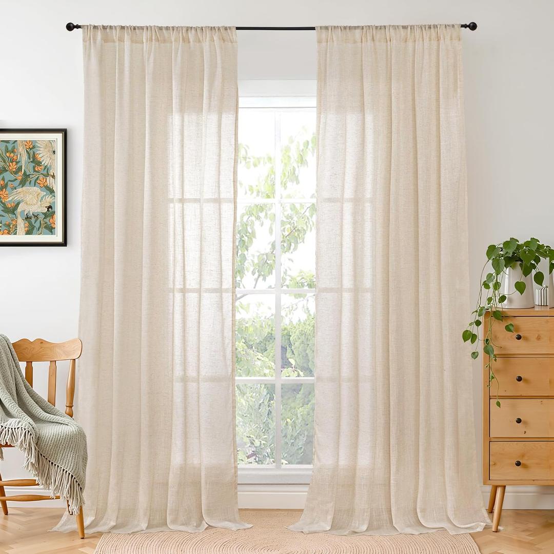 BGment Natural Linen Curtains 96 Inches Long for Living Room - Burlap Semi Sheer Window Drapes with Rod Pocket Light Filtering for Farmhouse Bedroom Lightweight, 2 Panels, 52 Inch Wide Each Panel