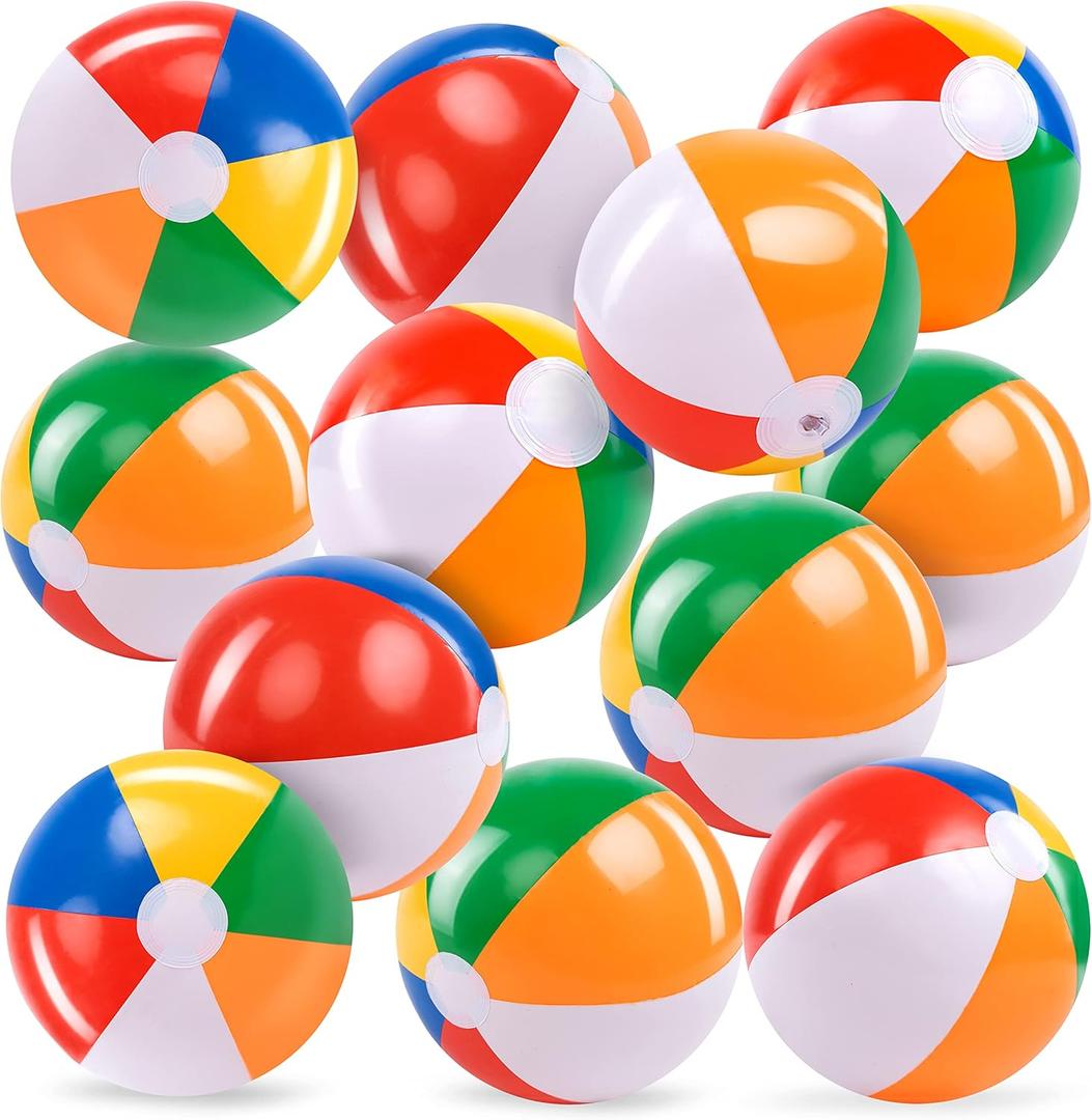 JOYIN 12-Pack 12 Beach Balls - Bulk Classic Beachball Inflatable Swimming Pool Toys for Games Adults Kids Birthday Party Supplies Combo Set, Rainbow Color Blow Up Luau Decorations Favors Gifts (12")