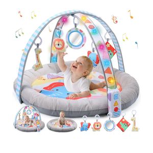 cute stone Baby Play Gym Mat with Music and Lights, Activity Mat with 5 Detachable Sensory Toys for Infant Tummy Time, Adjustable Volume, Developmental Learning Toy for Newborns Boys & Girls