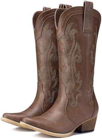 HISEA Rollda Cowboy Boots for Women, Cowgirl Boots, Comfortable Western Boots with Pointed Toe Stitched Embroidery for Country Concert Dancing Wedding Traveling Daily Outfits, Size 9