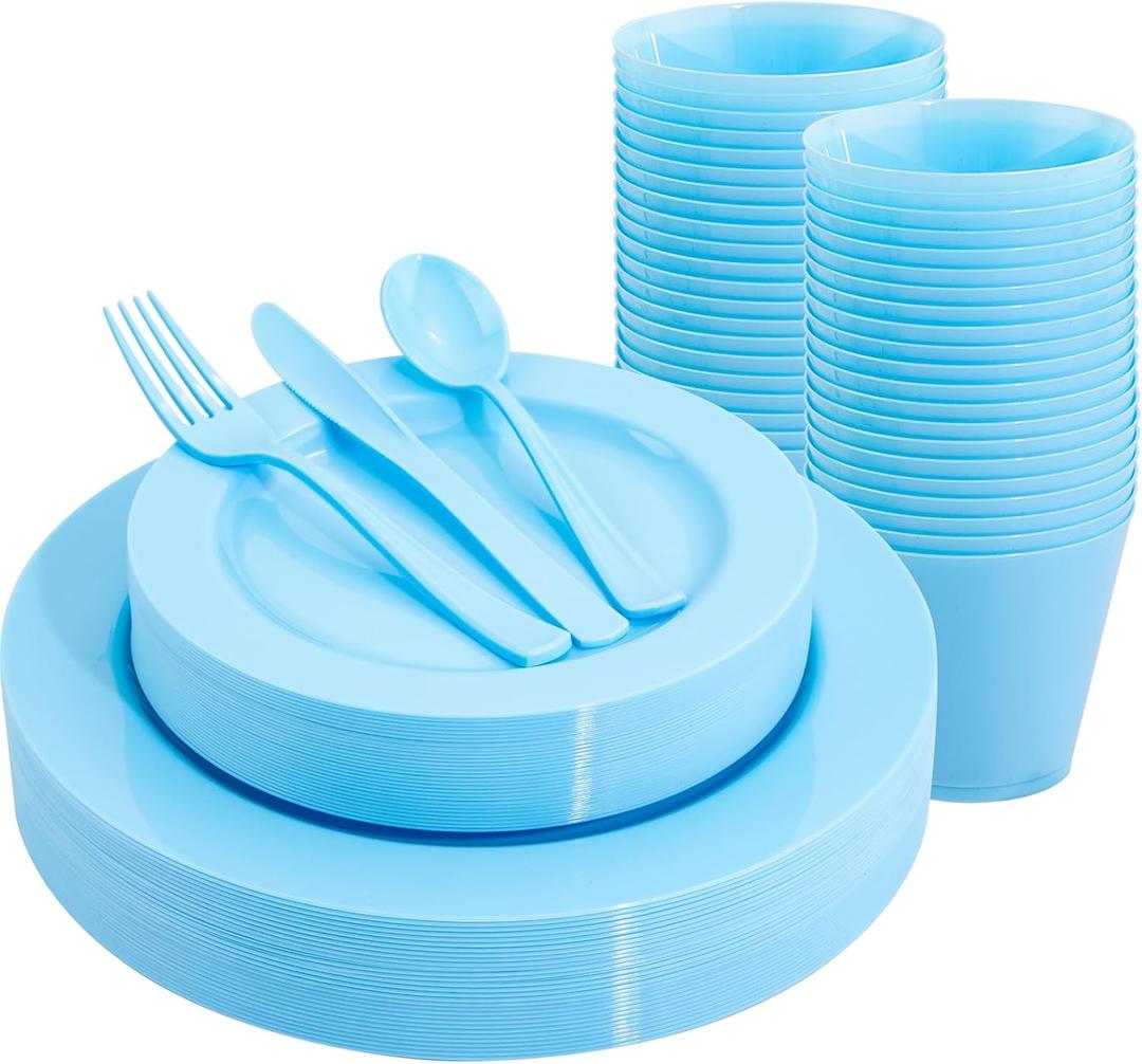 KIRE 150 Piece Blue Plastic Plates Disposable - Blue Dinnerware Set Includes 25 Dinner Plates, 25 Salad Plates, 25 Utensils Set 25 Clear Cups for Birthday/Picnic/Baby Shower/Easter/Spring