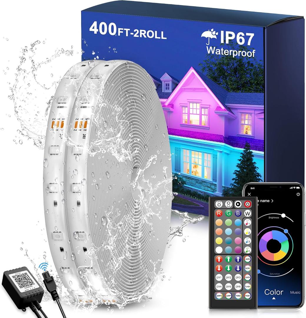 Fussion Outdoor LED Strip Lights Waterproof 400FT (2 Rolls of 200ft) with Remote, RGB LED Light Strips Music Sync Color Changing Christmas House Rope Lighting for Outside
