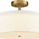 Dimmable Gold Semi Flush Mount Ceiling Light with Drum Shade Ceiling Light Fixture 30W 3000K/4500K/5500K Brass LED Flush Mount Light for Bedroom Hallway Living Room, 15-Inch