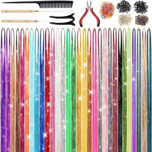30 Colors 9900 Strands Hair Tinsel Kit, 48 Inch Glitter Tinsel Hair Extensions for July Fourth Christmas New Year Halloween Cosplay, Heat Resistant Fairy Hair Accessories for Girls, Kids, Women