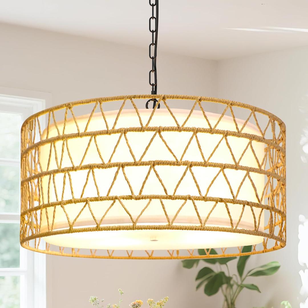20" Rattan Chandelier Farmhouse Light Fixtures, 5-Light Boho Chandeliers for Dining Room, Fabric Lamp Shade for Living Room, Bedroom, Hallway Rattan Pendant Light Fixture, E26