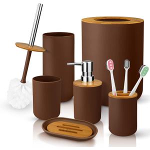 6 Pcs Bamboo and Plastic Bathroom Accessories Sets, Includes Toothbrush Cup, Toothbrush Holder, Soap Dispenser, Soap Dish, Toilet Brush with Holder, Trash Can, with 3 Pcs Toothbrushes (Brown)