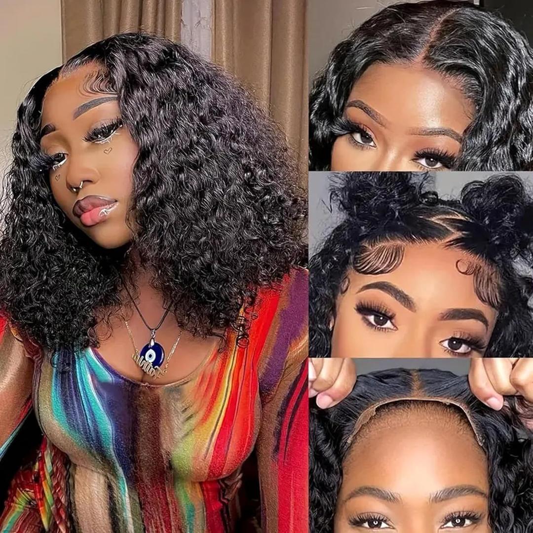 14-inch Short Bob wig 13x4 Deep Wave Bob Wig Human Hair 180% Density Deep Curl 100% hair pre-pulled wet and wavy glue-free clear lace front wig female natural hairline