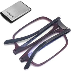 Missfive Premium Folding Reading Glasses Blue Light Blocking for Men Women, Ultra Thin Foldable Portable Travel Readers with Durable Pocket Metal Case, Dark Purple Compact Eyewear1.75x