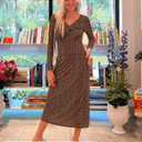 ZESICA Women's Fall Floral Long Sleeve Bodycon Dress 2026 Elegant V Neck Cocktail Party Long Midi Dresses (Brown)