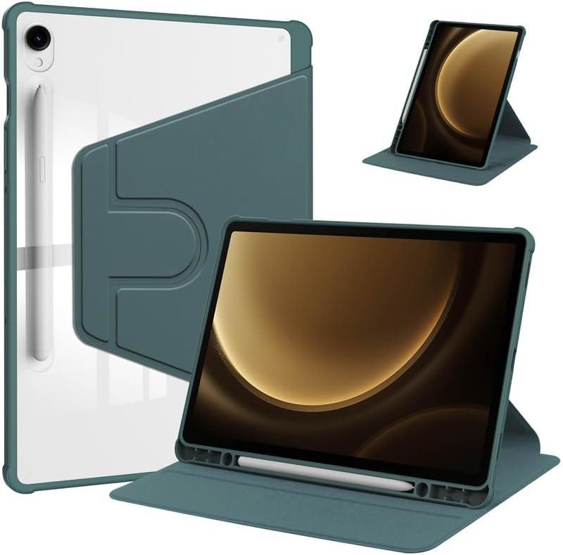 Rotating Case for Samsung Galaxy Tab S7 FE/S8 Plus/S7 Plus 12.4 Inch,360 Degree Rotation Protective Stand Smart Tablet Slim Hard Shell Cover Clear Back,with S Pen Holder Auto Wake/Sleep (Dark Green)