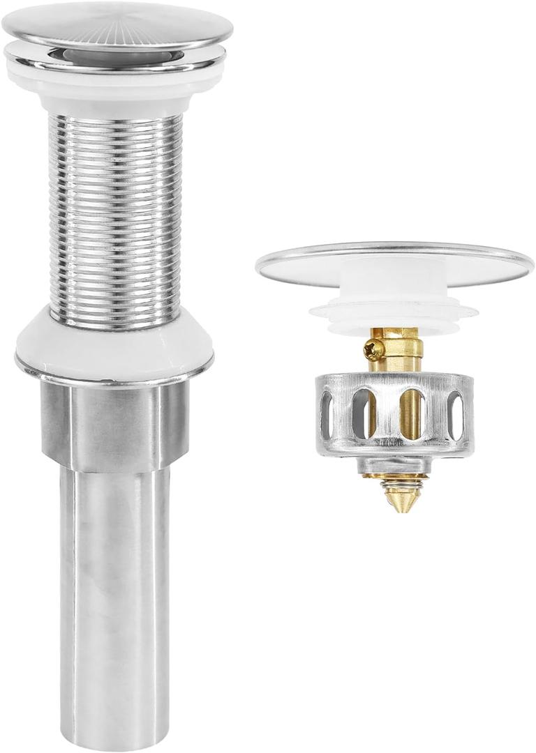 Bathroom Sink Drain,Drain Stopper Bathroom Sink Without Overflow,Pop Up Drain Assembly with Detachable Strainer Basket,Built-in Anti-Clogging, Stainless Steel Nut Brushed Nickel
