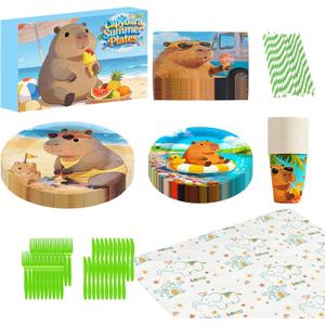 141Pcs Capybara Paper Plates Capy Party Supplies Summer Party Decorations Cute Animals Tableware Set