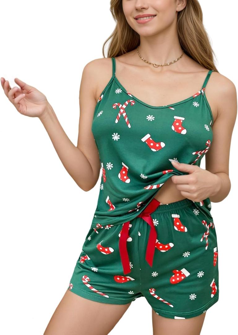 Pajamas Set for Women Sexy Christmas Sleepwear Cami Sleep Sets Christmas Short Pjs Set with Shorts (M)