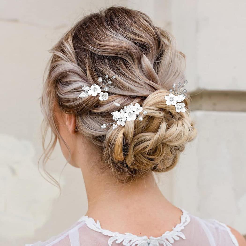 Unicra Silver Flower Bride Wedding Hair Pins Leaf Bridal Headpiece Pearl Rhinestone Bridesmaids Hair Accessories for Women and Girls(Pack of 3)