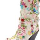 Western Cowboy Boots For Women Flower Embroidered Rhinestone Mid Calf Pointed Toe Chunky Heel Cowgirl Boots (10, White)