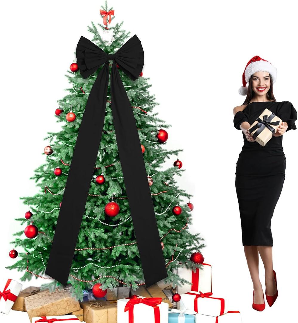 Extra Large Christmas Tree Topper Bow 71 x 24 Inch Christmas Wreath Bows Giant Velvet Decorative Bows with Long Streamers for Home Holiday Front Door Patio Indoor Outdoor Decor Party Supplies(Black)