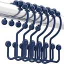 Titanker Shower Curtain Hooks Rings, Rust-Resistant Metal Double Glide Shower Hooks for Bathroom Shower Rods Curtains, Set of 12 Hooks - Navy Blue