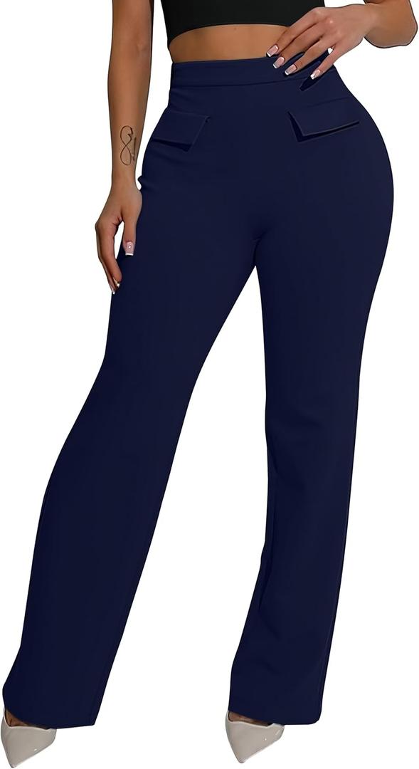 GOKATOSAU Women's Hight Waist Decorative Front Pocket Trousers Straight Wide Leg Long Flared Pants Navy (M)