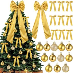 Gejoy Bow Christmas Tree Decoration Set, 30 Pcs Small Bows 1 Pcs 47" x 15.7" Large Tree Topper Satin Bows and 36 Christmas Balls Hanging Ornaments, Xmas Glitter Balls for Holiday Decor(Gold)