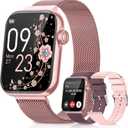 Smart Watches for Women,Fitness Tracker Smartwatch for Android Phones/iPhone Compatible,1.85" Womens Watch with Blood Pressure Monitor,Calls and Messages/Heart Rate/Sleep/Female Cycle(3 Watch Bands) (Pink)