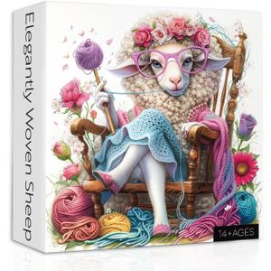 Animal Sheep Puzzles for Adults 1000 Pieces, Yarn Cute Lamb Jigsaw Puzzles, Colorful Knitting Flower Puzzle as Home Decor