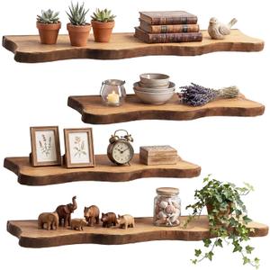 Pinkunn 4 Pcs Floating Shelves for Wall Wooden Live Edge Shelf Wall-Mounted Natural Solid Wood Bedroom Kitchen Storage Living Room Nursery Decor (23.62/35.43 Inch)