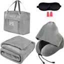 Travel Blanket Pillow Set - Travel Neck Pillow & Blanket for Airplane, Thick Fleece Plane Blanket, Hooded Memory Foam Neck Pillows, Foldable Duffel Bag, Sleep Mask, Earplugs for Plane Traveling, Gray