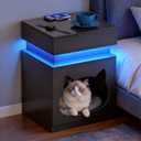 Night Stand with Charging Station, Wooden Side Table with Push Pull Drawer and LED Lights, Black End Table with Cat Door for Bedroom, Game Room, Office, Courtyard, Lobby, Hotel