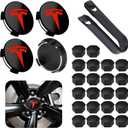 4 Pack Car Wheel Center Hub Cap Kit with 22 Lug Nut Covers, 2.2 in (56mm) Wheel Rim Covers Center Hubcaps with Emblem for Model 3 Y, Black & Red Gray & Silver Exterior Decoration for Tesla