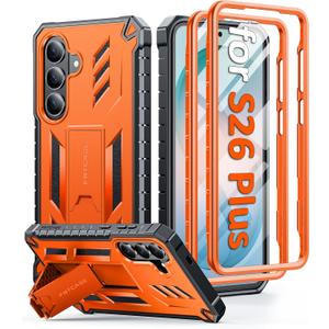 FNTCASE for Samsung Galaxy S26+ Plus Case: with Kickstand | 2 Front Frames | Built-in Screen Protector Military Grade Drop Proof Protection Rugged Protective Phone Case for S26 Plus 6.7 Inch Orange
